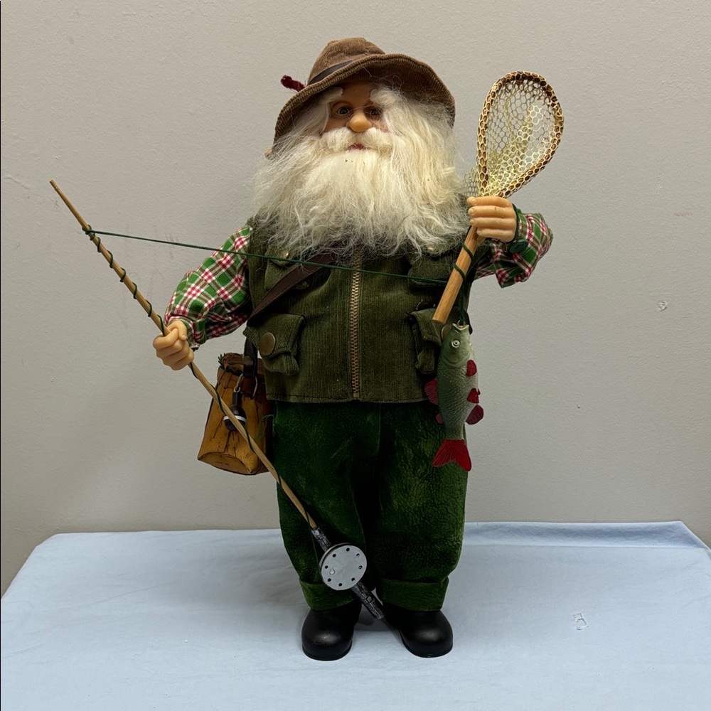 SANTA  FISHERMAN  Fly Fish 17" Standing Figurine Rod Creel Kit Dip Net